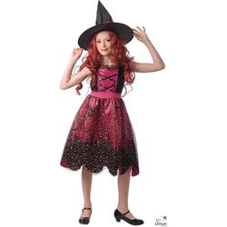 Heksenjurkje Meisje Zwart-Pink met Hoed Maat 120-130